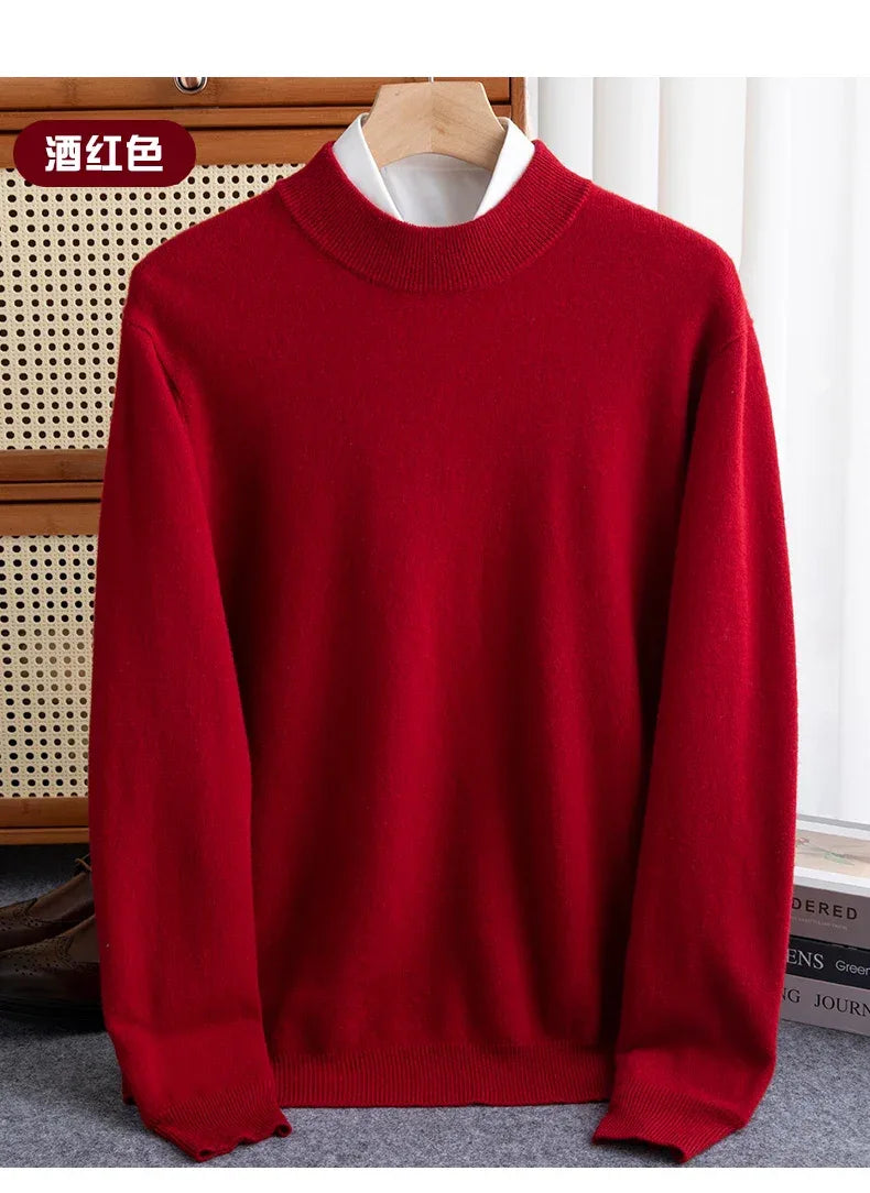 New Fashion Men's 100% Wool Pullover Half-high Collar Sweater Autumn Winter Warm Solid Color Knit Sweater Business Casual Top - Zen Fit Plus