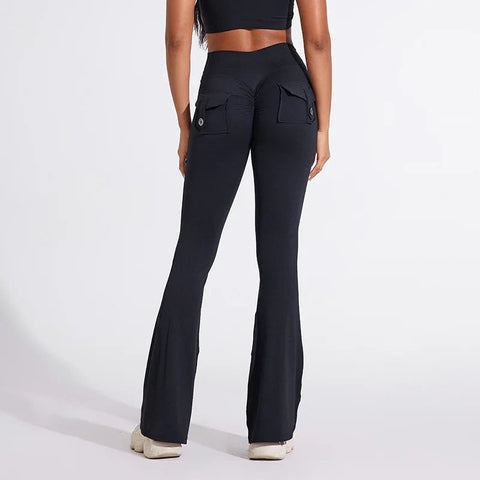 QINACTIVE Fashion Back Pocket  Flared Pants Women Tight-Fit Sexy Slim High Waist Pants Push Up Sport Fitness Flare Leggings Zen Fit Plus
