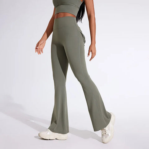 QINACTIVE Fashion Back Pocket  Flared Pants Women Tight-Fit Sexy Slim High Waist Pants Push Up Sport Fitness Flare Leggings Zen Fit Plus