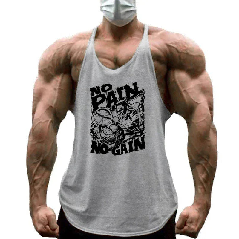NO PAIN NO GAIN Print Gym Fitness T-Shirt Mens Bodybuilding Sport Sleeveless Vests Cotton Breathable Y-back Suspenders Tank Tops - Zen Fit Plus