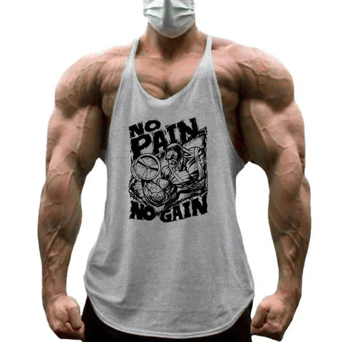 NO PAIN NO GAIN Print Gym Fitness T-Shirt Mens Bodybuilding Sport Sleeveless Vests Cotton Breathable Y-back Suspenders Tank Tops - Zen Fit Plus