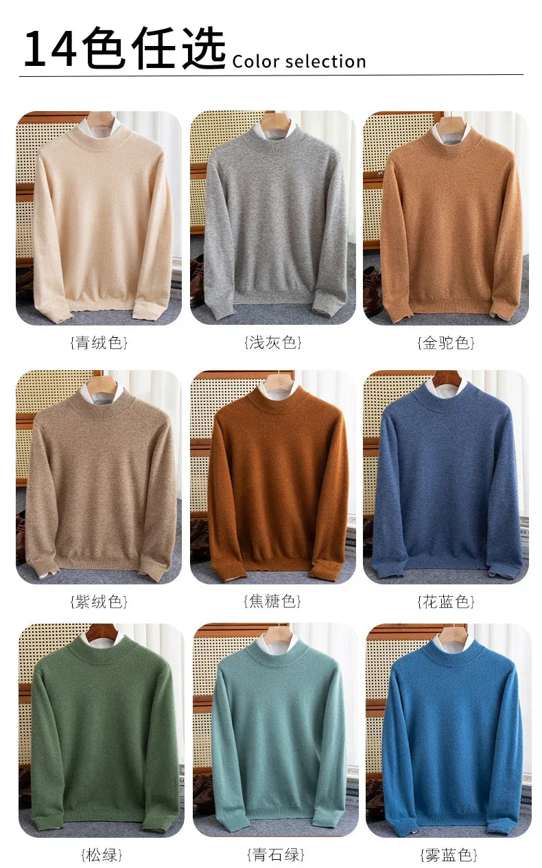 New Fashion Men's 100% Wool Pullover Half-high Collar Sweater Autumn Winter Warm Solid Color Knit Sweater Business Casual Top - Zen Fit Plus