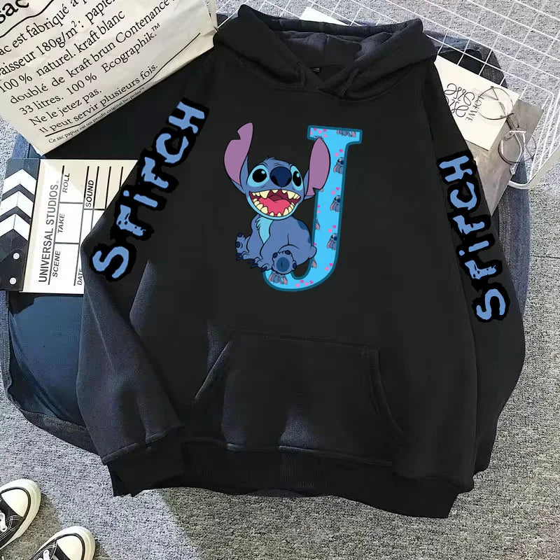 2024 Women's Winter Jacket Cute Kawaii Disney Lilo & Stitch Lucky Letter Print Black Hoodie Fashion Couple Streetwear Sportswear Zen fit plus