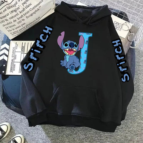 2024 Women's Winter Jacket Cute Kawaii Disney Lilo & Stitch Lucky Letter Print Black Hoodie Fashion Couple Streetwear Sportswear Zen fit plus