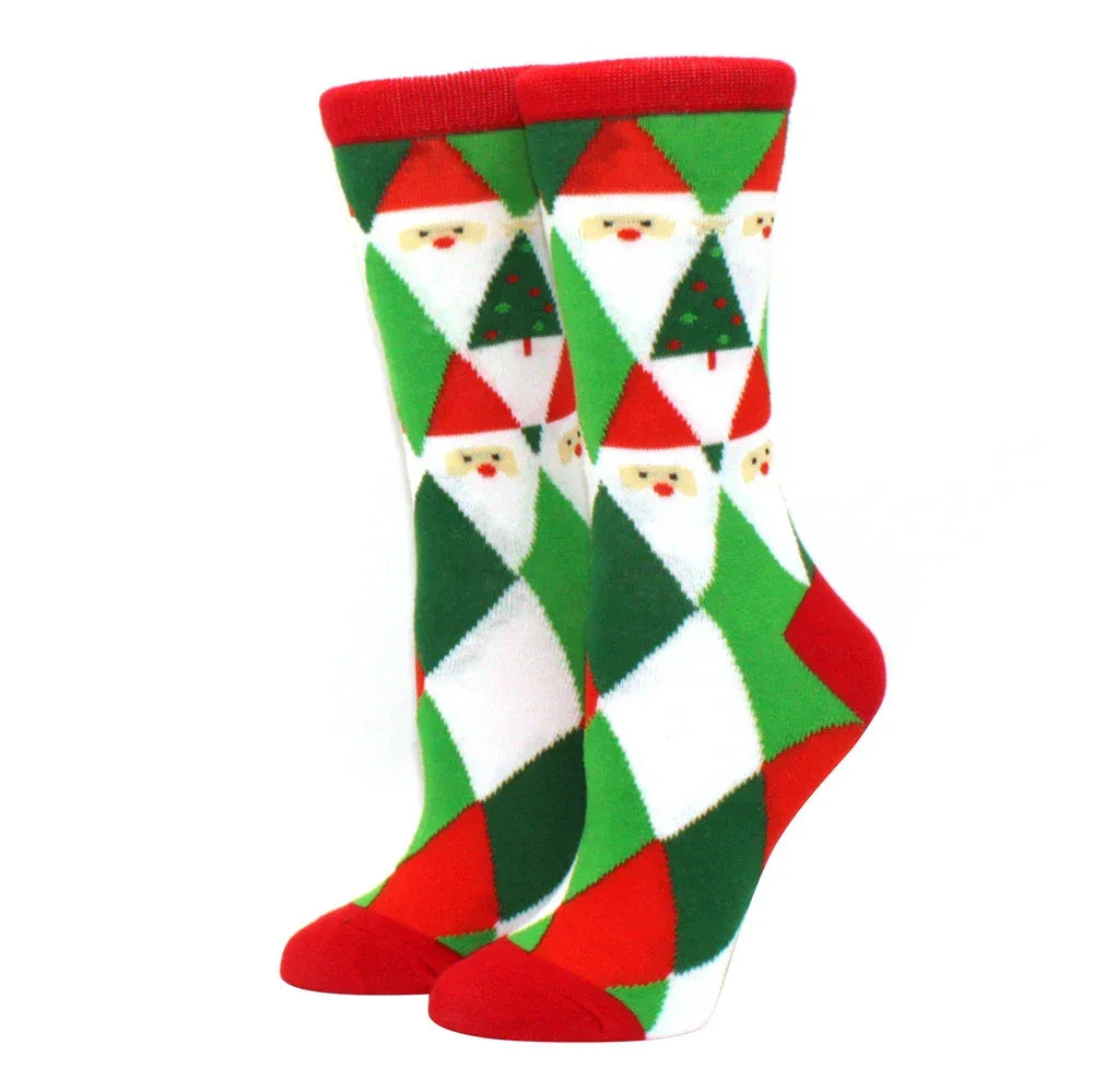 1 pair of Christmas tree, old man and reindeer fashion trend ladies Christmas medium cotton socks - Zen Fit Plus