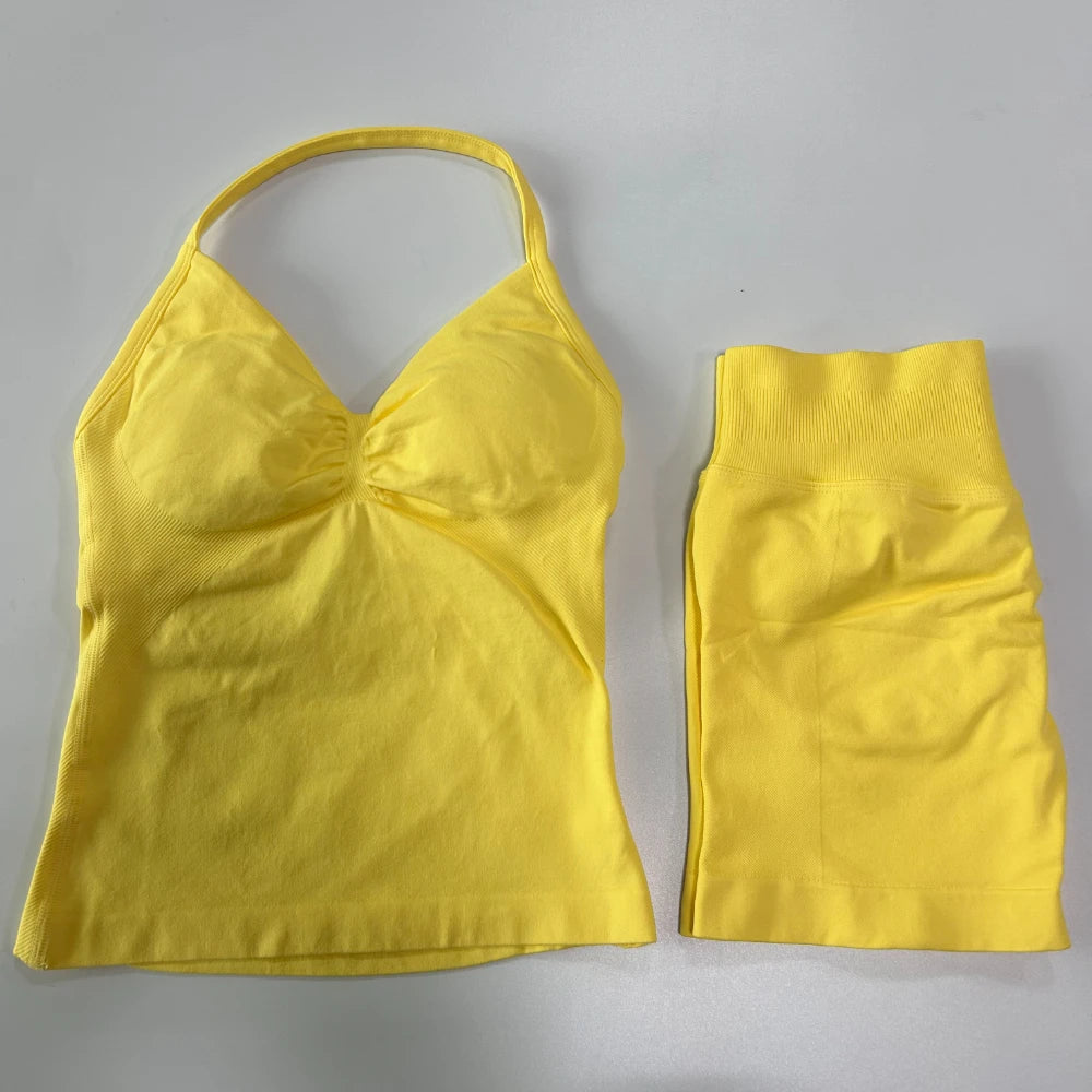 2Pcs Impact Gym Set Women Backless Tank Tops High Waist Scrunch Seamless Shorts Gym Suit Fitness Clothes Activewear Workout Sets Zen fit plus