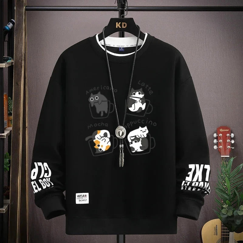 Spring Men's Sweatshirt Japan Cartoon Cats Printed Long Sleeve T-shirt Fashion Men's Clothing Khaki O Neck Harajuku Top 2024 New Zen Fit Plus