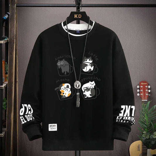 Spring Men's Sweatshirt Japan Cartoon Cats Printed Long Sleeve T-shirt Fashion Men's Clothing Khaki O Neck Harajuku Top 2024 New Zen Fit Plus