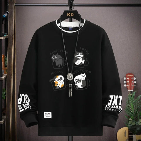 Spring Men's Sweatshirt Japan Cartoon Cats Printed Long Sleeve T-shirt Fashion Men's Clothing Khaki O Neck Harajuku Top 2024 New Zen Fit Plus