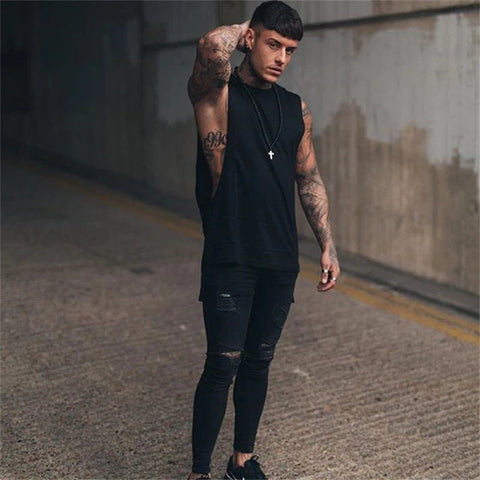 Mens Casual Gym Tank Top Summer Fitness Clothing Cotton Workout Sports Sleeveless Shirt Male Extend Long Singlet Hip Hop Vest Zen fit plus