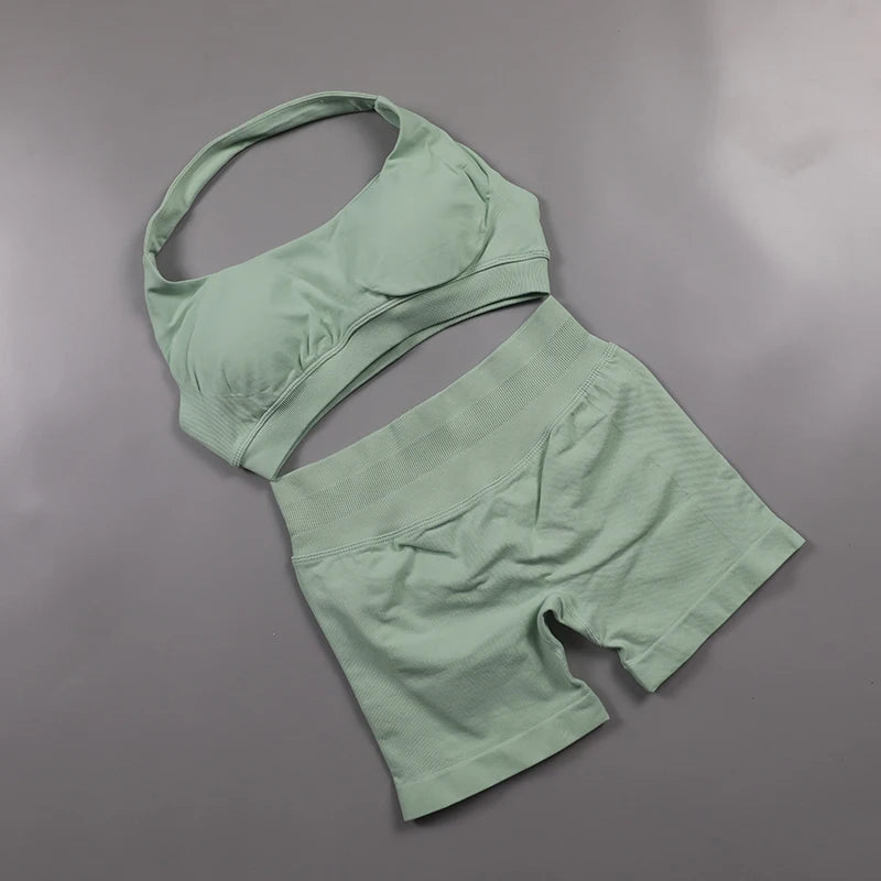 Seamless Fitness Yoga Set Women Gym Clothes Halter Sports Bra Matching Impact Shorts 2 Piece Workout Sets Outfit Zen fit plus