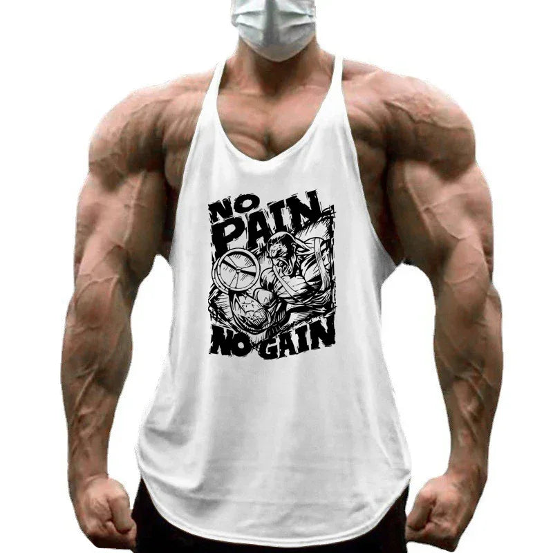 NO PAIN NO GAIN Print Gym Fitness T-Shirt Mens Bodybuilding Sport Sleeveless Vests Cotton Breathable Y-back Suspenders Tank Tops - Zen Fit Plus