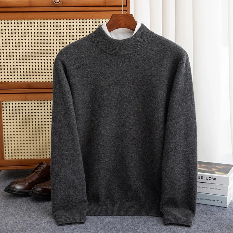 New Fashion Men's 100% Wool Pullover Half-high Collar Sweater Autumn Winter Warm Solid Color Knit Sweater Business Casual Top Zen Fit Plus