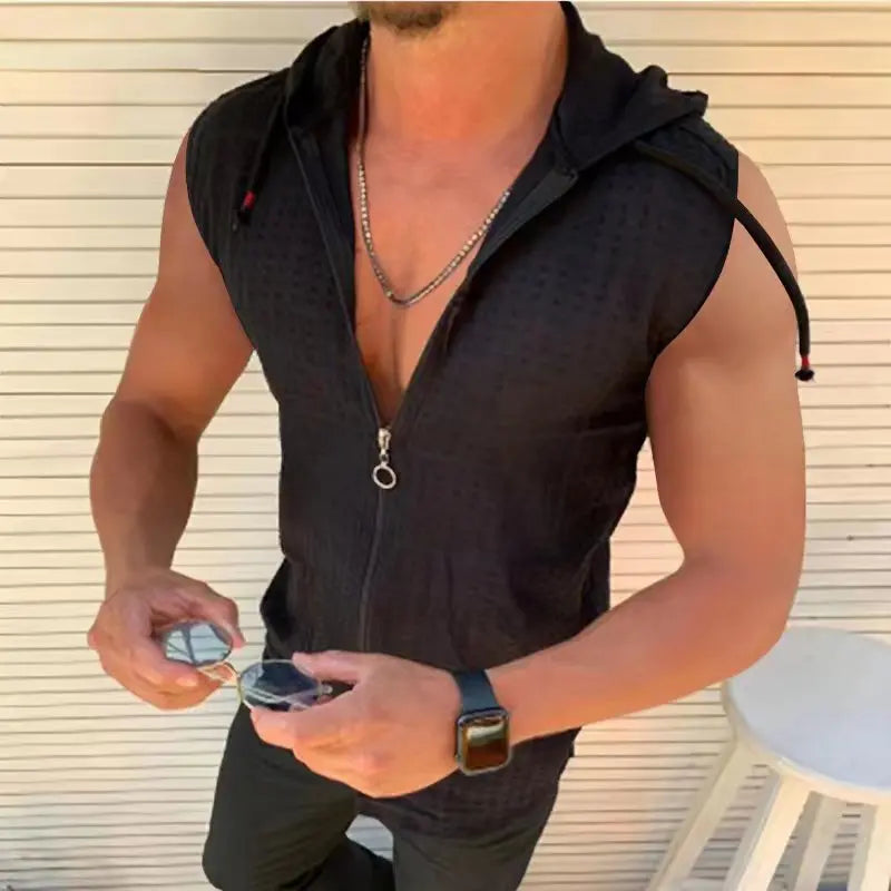 New men's fashion Summer Beach wind Sleeveless zipper hooded T-shirt Casual beach Tank hooded beach Sun-protective clothing Zen fit plus