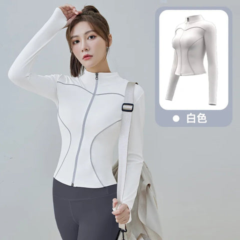 Slim Yoga Reflective Long Sleeved Women Sport Jacket Zipper Gym Fitness Coat Yoga Tops With Thumb Holes Running Cycling Jacket Zen fit plus