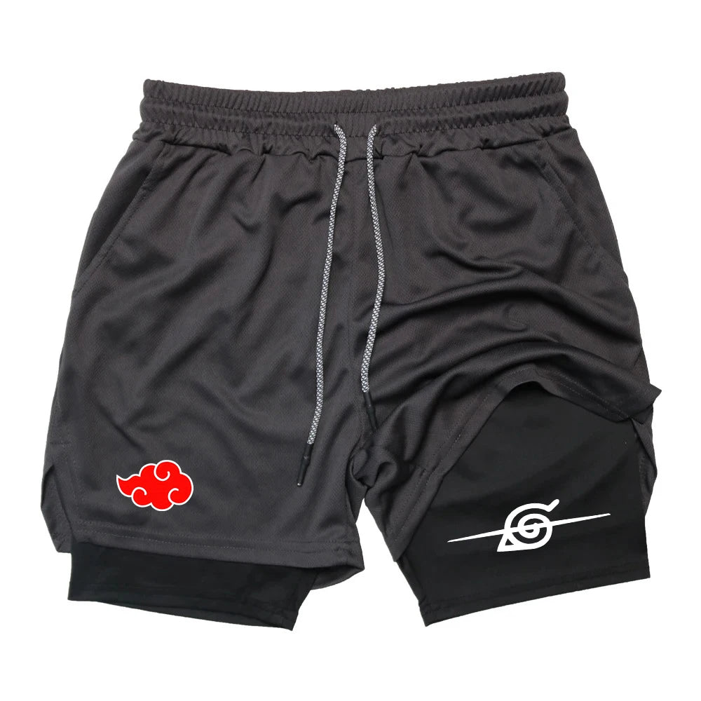 Men Anime Double Layer Shorts Gym Workout Printed Sports Multi-Performance Training Quick-Drying Jogging Pants Towel Pants M-3XL Zen fit plus