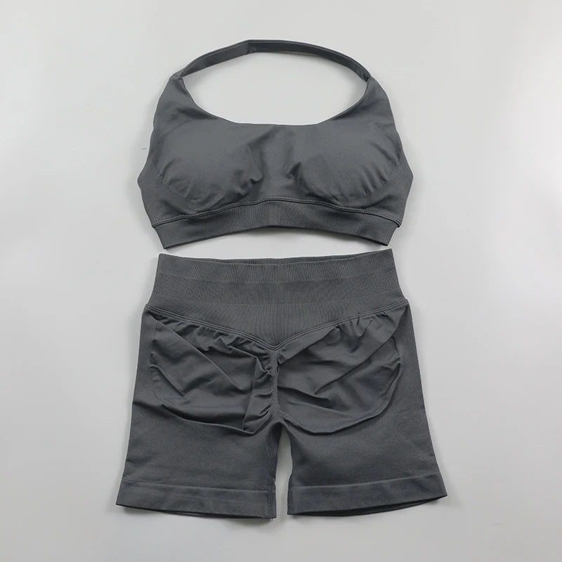Seamless Fitness Yoga Set Women Gym Clothes Halter Sports Bra Matching Impact Shorts 2 Piece Workout Sets Outfit Zen fit plus