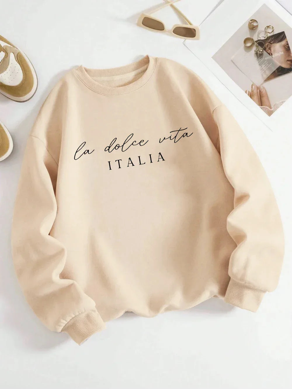 La Dolce Vita Italia Printed Womens Sweatshirt Crewneck Y2K Loose Clothing Multicolor Casual Pullover Fleece All-Match Top - Zen Fit Plus