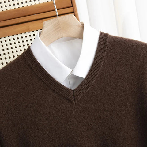 Men 100% Merino Wool Sweater V-Neck Pullover Autumn Winter Cashmere Warm Solid Knitwear Clothes Business Bottoming Soft Tops Zen Fit Plus