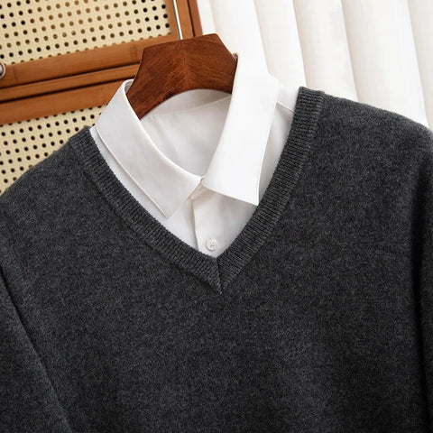 Men 100% Merino Wool Sweater V-Neck Pullover Autumn Winter Cashmere Warm Solid Knitwear Clothes Business Bottoming Soft Tops Zen Fit Plus