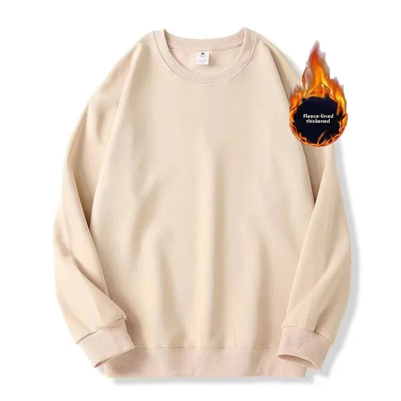 Thickened Fleece Cotton Hoodie Unisex Oversized round Neck Solid Color Couple's Sweatshirt Versatile Autumn Winter New Arrival Zen Fit Plus