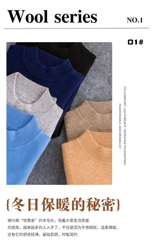 New Fashion Men's 100% Wool Pullover Half-high Collar Sweater Autumn Winter Warm Solid Color Knit Sweater Business Casual Top - Zen Fit Plus