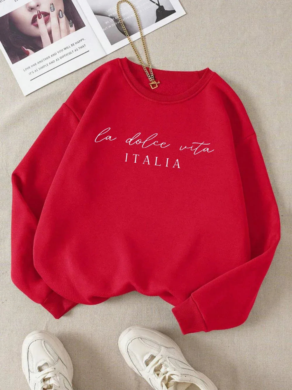 La Dolce Vita Italia Printed Womens Sweatshirt Crewneck Y2K Loose Clothing Multicolor Casual Pullover Fleece All-Match Top - Zen Fit Plus