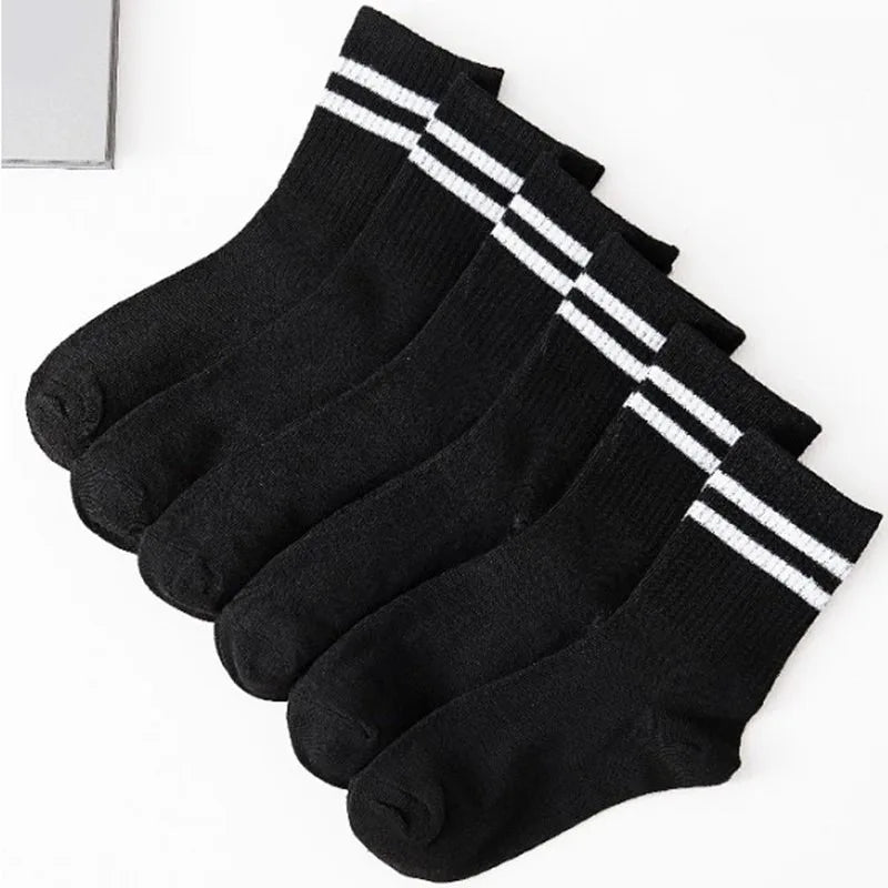 6 Pairs High Tube Mid Length Stockings Set For Men in Solid Black And White With Parallel Bars Popular and Sweat Absorption Zen fit plus