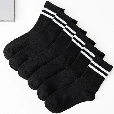 6 Pairs High Tube Mid Length Stockings Set For Men in Solid Black And White With Parallel Bars Popular and Sweat Absorption Zen fit plus