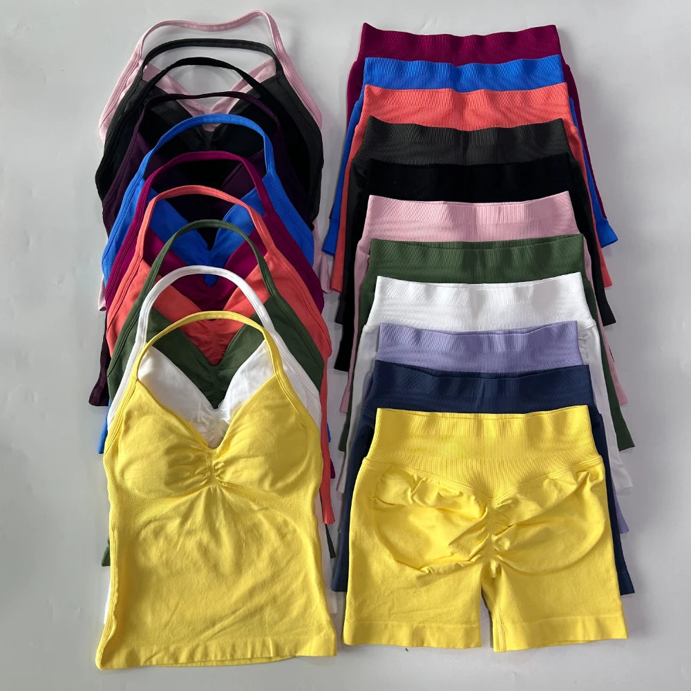 2Pcs Impact Gym Set Women Backless Tank Tops High Waist Scrunch Seamless Shorts Gym Suit Fitness Clothes Activewear Workout Sets Zen fit plus