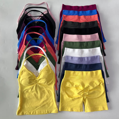 2Pcs Impact Gym Set Women Backless Tank Tops High Waist Scrunch Seamless Shorts Gym Suit Fitness Clothes Activewear Workout Sets Zen fit plus