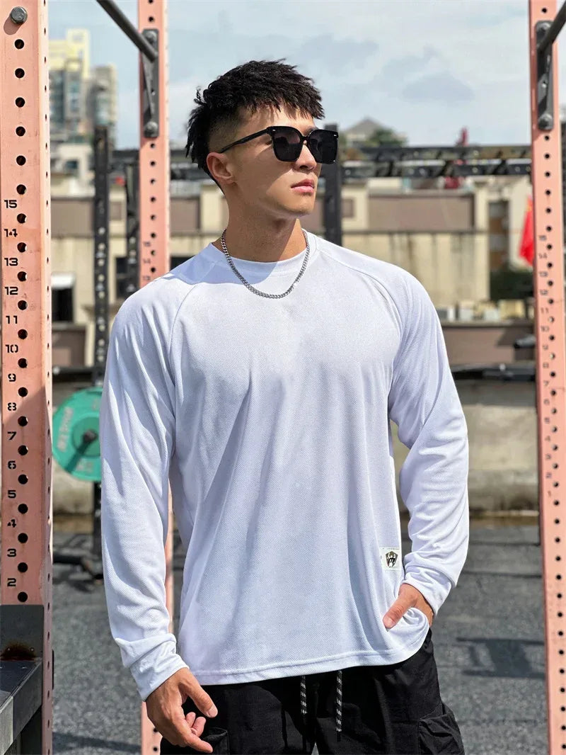 High quality Autumn men long sleeved T-shirt Fashion sport Round Collar fitness running mesh Breathability Training T-shirt men - Zen Fit Plus