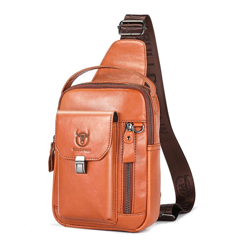 BULLCAPTAIN Men's Genuine Leather Chest Bag Casual Retro 7.9-inch Mobile Phone Bag Multifunctional Anti-Theft Crossbody Bag Zen fit plus