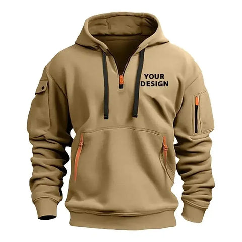 European New Men's Sports Zipper Arm Pocket Loose Casual Sweatshirt Customize Your Logo Dropped Shoulder Hooded Jacket Pullover - Zen Fit Plus