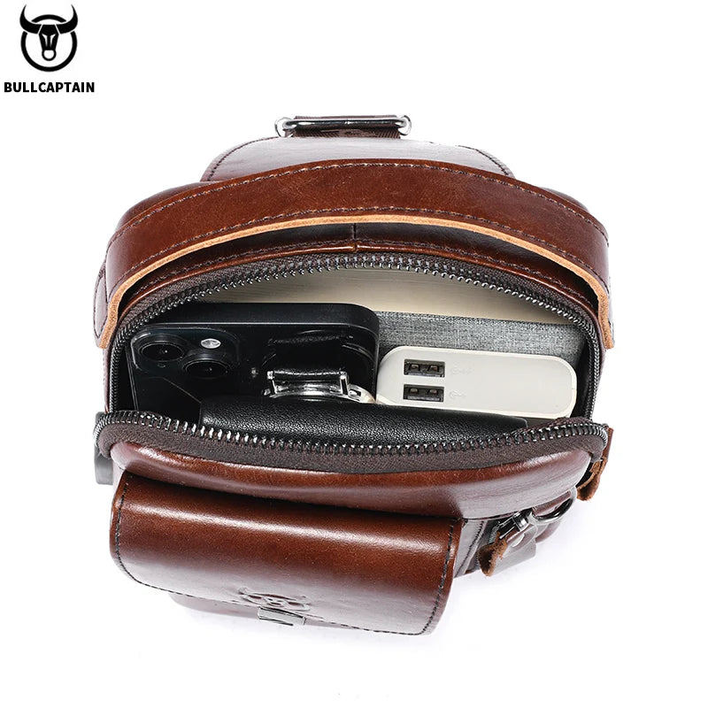 BULLCAPTAIN Men's Genuine Leather Chest Bag Casual Retro 7.9-inch Mobile Phone Bag Multifunctional Anti-Theft Crossbody Bag Zen fit plus