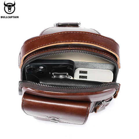 BULLCAPTAIN Men's Genuine Leather Chest Bag Casual Retro 7.9-inch Mobile Phone Bag Multifunctional Anti-Theft Crossbody Bag Zen fit plus