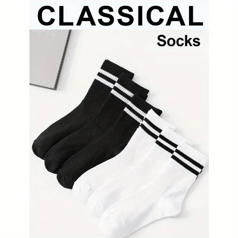 6 Pairs High Tube Mid Length Stockings Set For Men in Solid Black And White With Parallel Bars Popular and Sweat Absorption - Zen Fit Plus