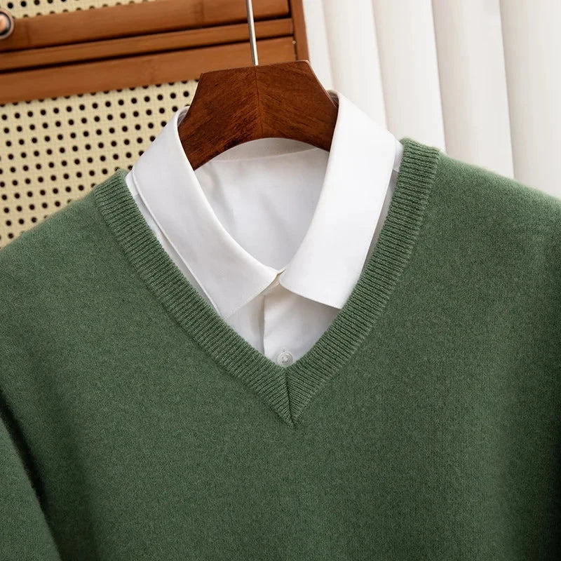 Men 100% Merino Wool Sweater V-Neck Pullover Autumn Winter Cashmere Warm Solid Knitwear Clothes Business Bottoming Soft Tops Zen Fit Plus
