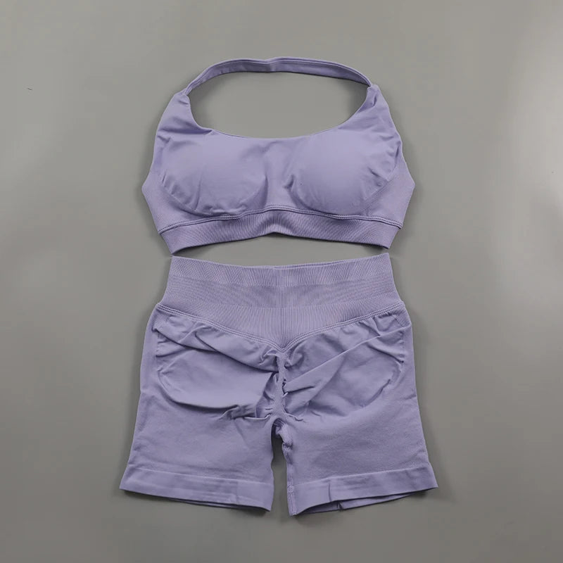 Seamless Fitness Yoga Set Women Gym Clothes Halter Sports Bra Matching Impact Shorts 2 Piece Workout Sets Outfit Zen fit plus