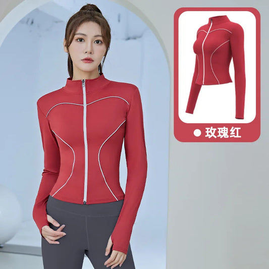 Slim Yoga Reflective Long Sleeved Women Sport Jacket Zipper Gym Fitness Coat Yoga Tops With Thumb Holes Running Cycling Jacket Zen fit plus