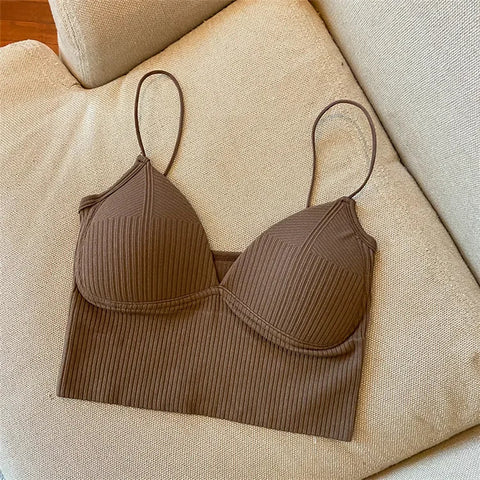 Women Crop Tops Sexy Solid Color Camisole Ice Silk Tube Top Seamless Sports Tank Top Wireless Underwear Padded Bra Bralette Vest Zen fit plus