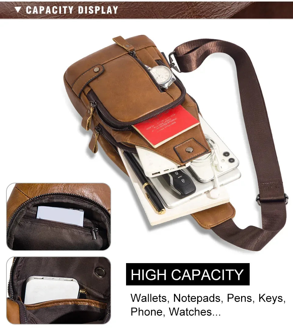 HUMERPAUL Men's Usb Chest Bag 100% Genuine Leather Crossbody Shoulder Bags Multifunction Travel Outdoor Messenger Pack Fashion - Zen Fit Plus