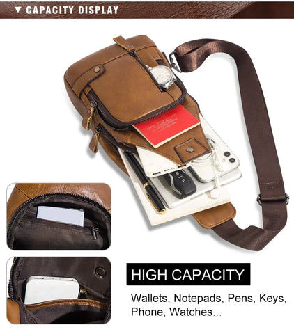 HUMERPAUL Men's Usb Chest Bag 100% Genuine Leather Crossbody Shoulder Bags Multifunction Travel Outdoor Messenger Pack Fashion - Zen Fit Plus