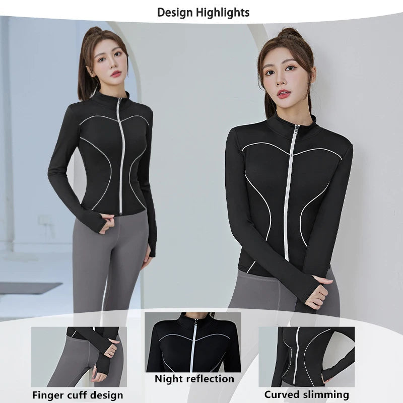 Slim Yoga Reflective Long Sleeved Women Sport Jacket Zipper Gym Fitness Coat Yoga Tops With Thumb Holes Running Cycling Jacket Zen fit plus