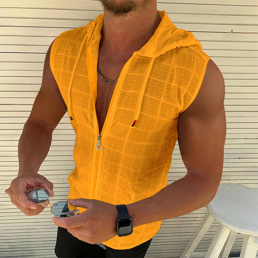 New men's fashion Summer Beach wind Sleeveless zipper hooded T-shirt Casual beach Tank hooded beach Sun-protective clothing Zen fit plus