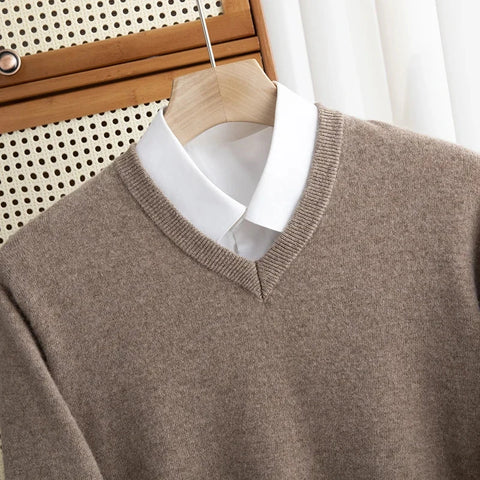 Men 100% Merino Wool Sweater V-Neck Pullover Autumn Winter Cashmere Warm Solid Knitwear Clothes Business Bottoming Soft Tops Zen Fit Plus