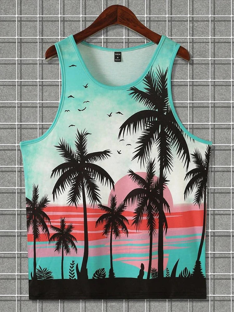 2024 New Summer Casual Men's Sleeveless T-shirt Hawaiian Style Men's Fashion Crew Neck Tank Top Outdoor Beach Men's Tank Top Zen fit plus
