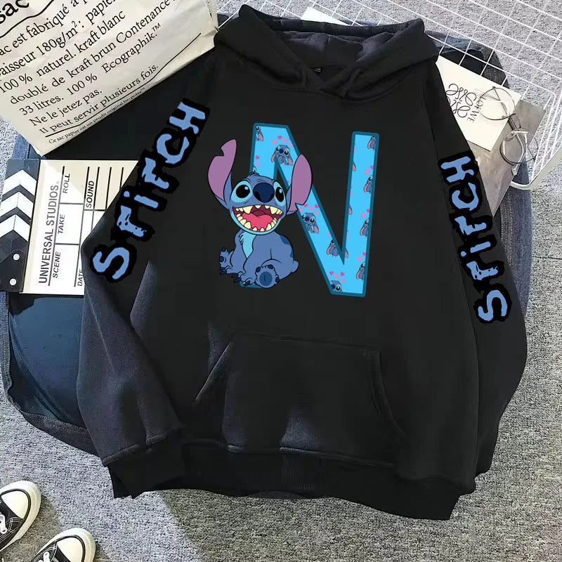 2024 Women's Winter Jacket Cute Kawaii Disney Lilo & Stitch Lucky Letter Print Black Hoodie Fashion Couple Streetwear Sportswear Zen fit plus