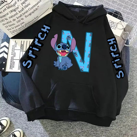 2024 Women's Winter Jacket Cute Kawaii Disney Lilo & Stitch Lucky Letter Print Black Hoodie Fashion Couple Streetwear Sportswear Zen fit plus