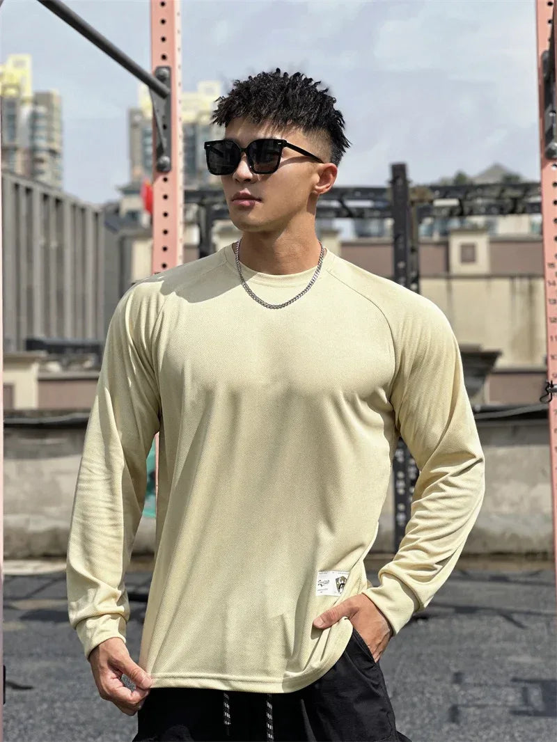 High quality Autumn men long sleeved T-shirt Fashion sport Round Collar fitness running mesh Breathability Training T-shirt men - Zen Fit Plus